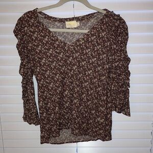 NATION LTD Brown Floral V-Neck Ruched Sleeve Blouse